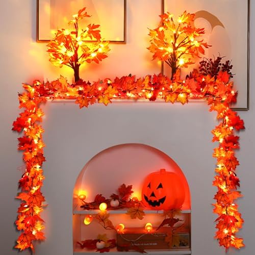 Efunly 3 Pack Fall Decorations Lighted Fall Garland,9FT 50 Count Incandescent Lights Brown Wire UL Certified Connectable Maple Leaves String Lights for Home Fireplace Mantle Thanksgiving Decor - Image 3