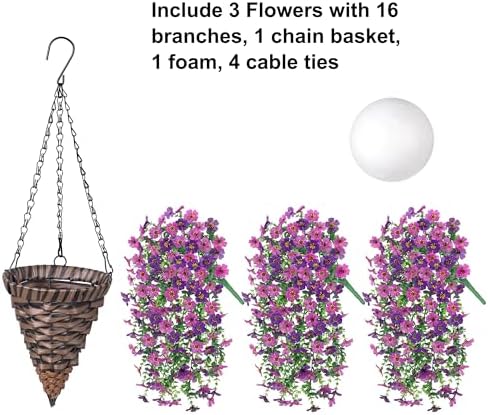 HyeFlora Artificial Hanging Flowers Basket for Outdoor, Fake Flowers Faux Plants Look Real for Yard Gardens Porch Patio Home (Darkpurple+Purple) - Image 4