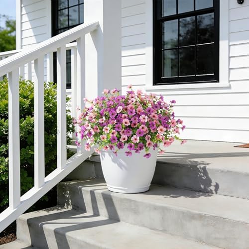 Ammyoo Artificial Fake Plants Flowers for Outdoor Spring Decor, 12 Bundles Faux Silk Mums for Planter Pot Colorful UV Resistant Look Real for Front Door Porch Patio Outside Yard(Purple Pink) - Image 2
