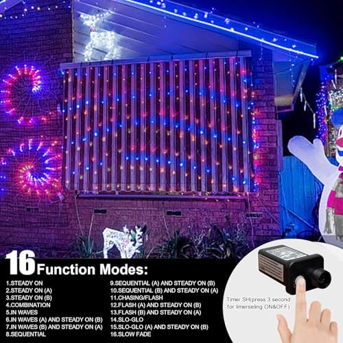 LAMPHOME 33ft Red White Blue String Lights, 100LED 4th of July Patriotic Fairy Lights Plug in,16 Lighting Modes with timer Starry Lights for Outdoor Tree Independence Day Memorial Day tree Party Decor - Image 4