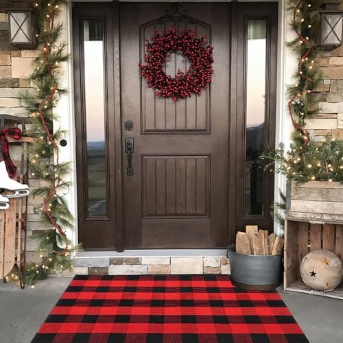 Christmas Door Mat Outdoor 35.4''x59'' Buffalo Plaid Christmas Decor Rug Cotton Hand-Woven Layered Door Mats Washable Carpet for Front Porch, Kitchen, Farmhouse, Entryway - Image 3
