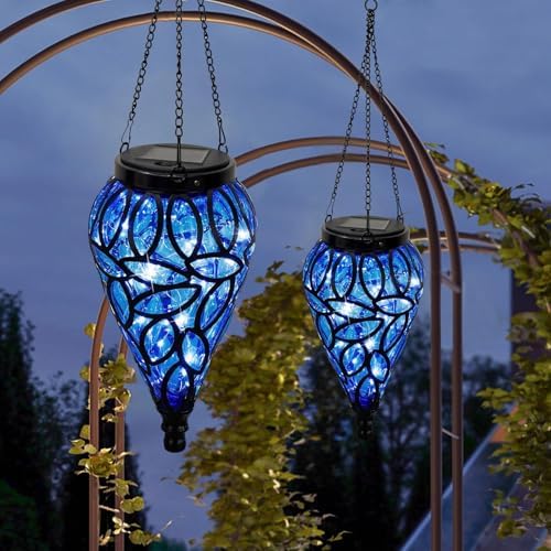 Solar Hanging Lantern Outdoor Lights, Solar Lanterns Decorative Outdoor,Tear-Shaped 15 LEDs Cool White Hanging Lights with S Hooks Decor in Garden, Yard, Pathway, Front Door, Blue 2 Pack - Image 4