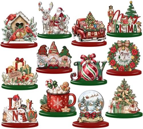 Leinuosen 12 Pcs Christmas Table Decoration Red Green Christmas Tiered Tray Decor Wooden Santa Claus Centerpieces Reindeer Snowman Wreath Farmhouse Xmas Decor for Home Kitchen Coffee Bar Shelf Indoor by Leinuosen