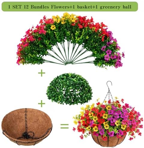 Artificial Hanging Basket, 12 Pcs Mixed Color Mums UV Resistant Outdoor - Image 2