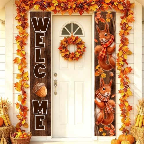 Fall Welcome Banner Porch Sign Fall Squirrel Door Outdoor Decor by Xiolcxdr
