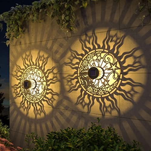 gardencave 2 Pack Solar Fence Lights Metal Solar Powered Outdoor Wall Deck Lights Sun Moon Theme Waterproof Fence Light for Garden Post Patio Backyard Yard Decor (Face, 2 Pack) by gardencave