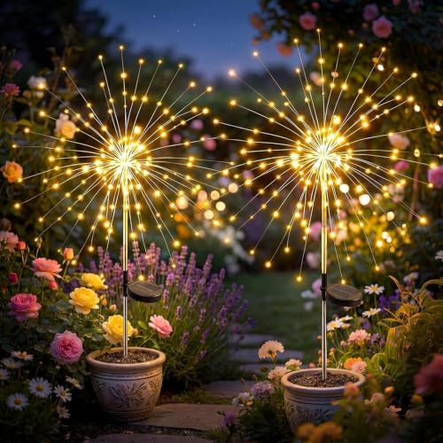 Solar Firework Lights Outdoor 2 Pack, 120LED Starburst Garden Lights Solar Powered with 8 Lighting Modes, Waterproof Decorative Lights for Flower Beds, Walkways, Small Garden & Patio Decor by Fairdeer