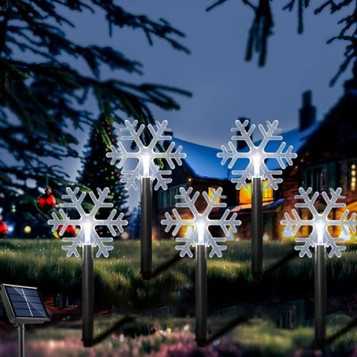 Solar Christmas Pathway Lights, 5 Pack Solar Snowflake Outdoor Waterproof Stake Lights Garden Christmas Decorative Walkway Lighting for Landscape Yard Lawn Patio Wedding Party（White by Lefutizn