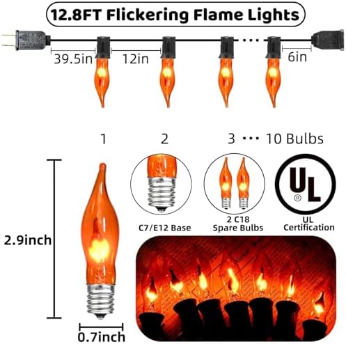 PASUTO Flickering Flame String Lights Orange Halloween Lights with 10 Pack C7 Orange Flickering Light Bulbs, 12.8Ft Flame String Lights for Fall Decor Halloween Decorations for Home Party Yard Porch - Image 2
