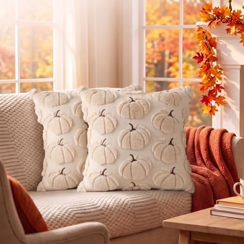 Fall Pillow Covers Pumpkin Fall Decor 16x16 Set of 2 Beige - Image 4