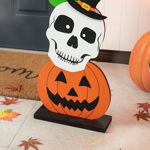 Glitzhome 36'H Wooden Halloween Stacked Ghost Frankenstein Skull Pumpkin Porch Decor, Farmhouse Yard Sign Rustic Style Porch Sign with Wood Base for Home Party Decor - Image 5