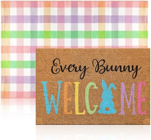 Duraaamo 2 Pcs Easter Coir Doormat Outdoor Rug Bunny Rabbits Welcome Door Mat Layered Buffalo Plaid Colorful Checkered Rug Coir Easter Mat for Outdoor Front Porch Entryway Decor by Duraaamo