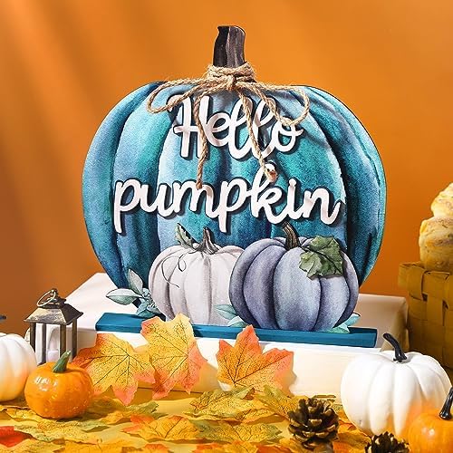 Soaoo Fall Decoration Wooden Blue Pumpkins Decor Fall Hello Pumpkin Sign - Image 4