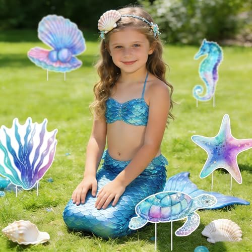 9Pcs Mermaid Party Birthday Party Yard Signs with Stand,Under The Sea Party Supplies for Outdoor Lawn Patio Garden Stand Decor,Large Ocean Theme Birthday Party - Image 6