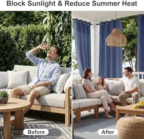 RYB HOME Extra Wide Outdoor Curtains for Patio Waterproof Heavy Duty Thermal Insulated in Summer Full Coverage Privacy for Porch, Cabana & Pool, W120 x L95, Stone Blue, 1 Panel - Image 2