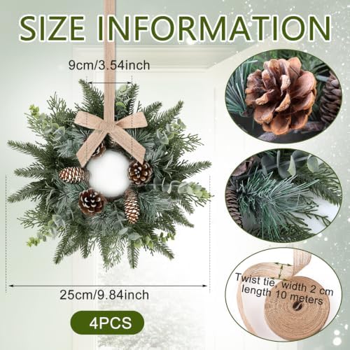 4 PCS Christmas Mini Cabinet Wreaths for Kitchen with Burlap Ribbon Norfolk Snowy Pine Needles Garland Pinecones Artificial Cedar Wreaths for Xmas Front Door Window Home Table Pillar Chair Wall Decor - Image 4