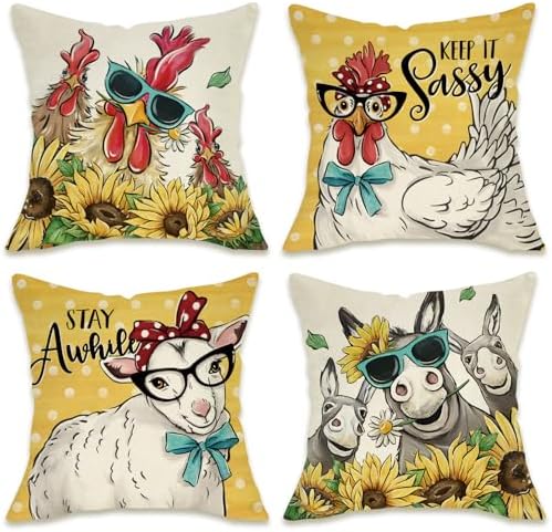 Fahrendom Funny Farm Animals Decorative Throw Pillow Covers 16×16 Set of 4 by Fahrendom