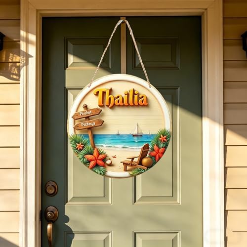 Summer Beach Door Hanger Sign - Tropical Palm Tree & Flower Welcome Wreath Decor for Front Door, Wall & Porch, Round Wooden Hanging Sign for Outdoor & Indoor Spring Summer Decoration - Image 5