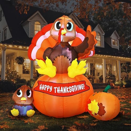 Joiedomi 6 ft Thanksgiving Inflatable Turkey on Pumpkin Decoration, LED Light Up Blow Up Turkey for Autumn Thanksgiving Family Party Décor, Halloween Inflatable for Yard Garden by Joiedomi