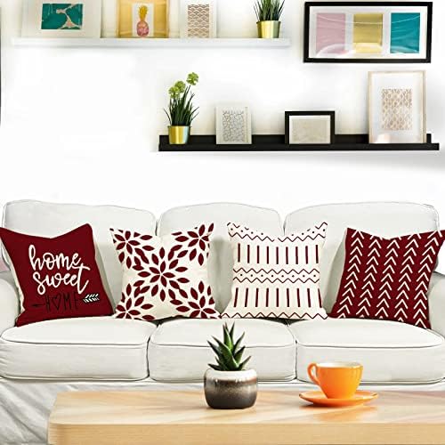 YCOLL Christmas Pillow Covers 16x16 Set of 4, Modern Sofa Throw Pillow Cover for Christmas Decor, Decorative Outdoor Linen Fabric Pillow Case for Couch Bed Car, Wine Red - Image 2
