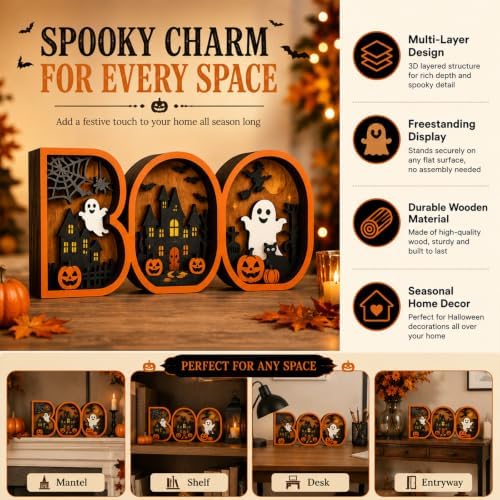 Vintage Halloween Decor 2026, 3D Wooden Cute BOO Sign, Rustic Halloween Tabletop Decor, Spooky Shelf Mantel Decoration for Home (BOO Decor) - Image 7
