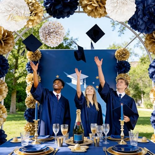 NICROLANDEE Wedding Party Decor Navy Blue Gold Tissue Paper Pom Pom - Image 4