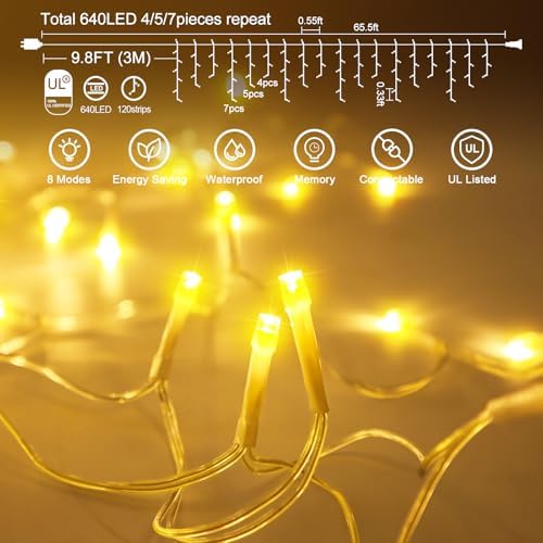 65 FT 640 LED Christmas Lights Outdoor Decorations Clear Wire String Lights Plug in 120 Drops 8 Modes Memory Timer Connectable Curtain Fairy Lights Waterproof for Holiday Wedding Party-Warm White - Image 5