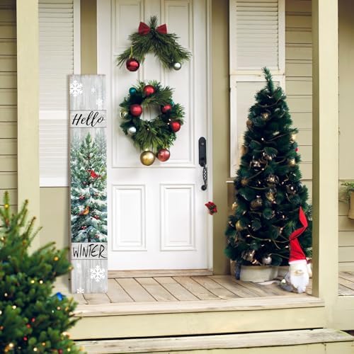 Welcome Standing for Front Porch, Hello Winter Sign for Xmas Door Decorations, Rustic Farmhouse Red Hanging Wall Sign for Christmas and Happy New Year Decor - Image 7