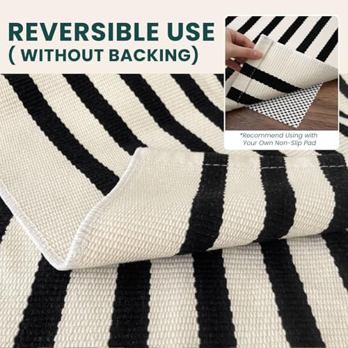 KOZYFLY Beige and Black Striped Runner Rug 2x4.3 ft Mat Woven Cotton Rug - Image 4