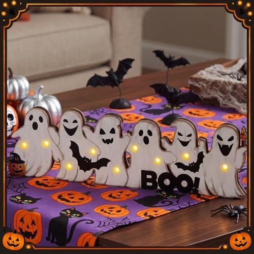 Geetery Halloween Ghost LED Wooden Sign Rustic Wooden Word Sign for Home - Image 4