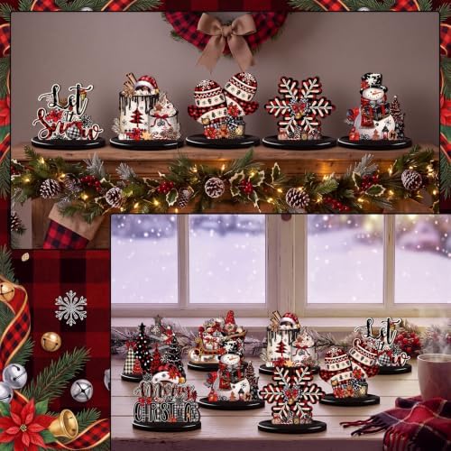 Leinuosen 12 Pcs Christmas Table Decorations Buffalo Plaid Red Black Christmas Tiered Tray Decor Wooden Gnome Santa Claus Table Centerpieces Farmhouse Xmas Decor for Home Kitchen Coffee Bar Shelf - Image 6