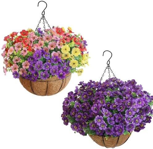 Artificial Hanging Plants Flowers with Basket 2 Packs, Artificial Hanging Flowers for Outdoors, Faux Hanging Plants Outdoor, Blue Fake Flowers, Yellow+Purple+Pink+Red&Purple by BCBLF