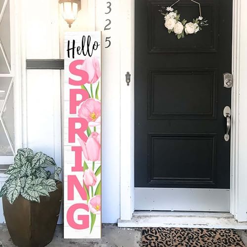 Hello Spring Porch Sign Tulip Wooden Welcome Sign Vertical Spring Hanging Signs For Standing Front Porch Decor Rustic Wall Decor Home Farmhouse Yard Door Spring Decorations 47.2"H - Image 7