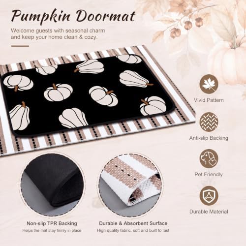 Tinideya 2 Pcs Halloween Layered Doormat Set, Neutral Pumpkin Outdoor Front Door Mat with Striped Layering Rug, Non Slip Fall Halloween Porch Entryway Outside Decor - Image 4