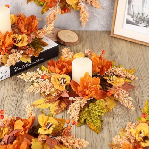 12 Pcs Fall Floral Swags Wreaths Mini Autumn Artificial Candle Rings Wreaths with Berries 3 inch Farmhouse Cabinets Hanging Wreath for Pillar Front Door Porch Wall Window Decoration - Image 3