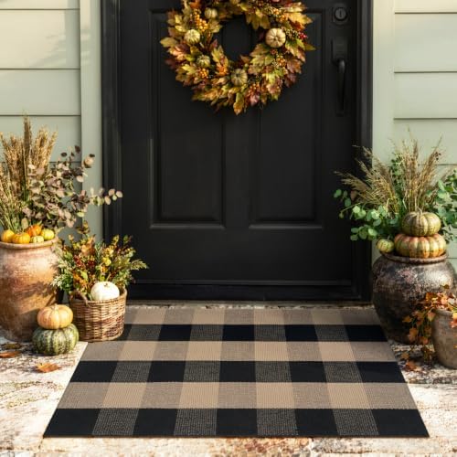 Uphome Bufflo Plaid Outdoor Rug 2'x3', Small Black Natural Checkered Front Door Mat for Fall Decor, Indoor Outdoor Farmhouse Cotton Porch Rug for Layered Door Mats, Washable Area Rugs for Entryway - Image 7