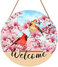 Welcome Spring Summer Cardinal Birds Front Door Sign 12"x12" Pink Blossoming Flower Floral Wood Door Hanger for Outdoor Outside Porch Decor Farmhouse Seasonal Wreaths for Front Door Wall Hanging Sign by welcometoourhome