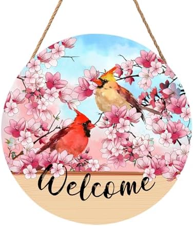 Welcome Spring Summer Cardinal Birds Front Door Sign 12"x12" Pink Blossoming Flower Floral Wood Door Hanger for Outdoor Outside Porch Decor Farmhouse Seasonal Wreaths for Front Door Wall Hanging Sign by welcometoourhome