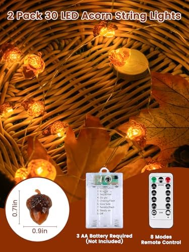 2 Pack 30 LED Acorn Fall Decorations, String Lights Battery Operated Remote - Image 2