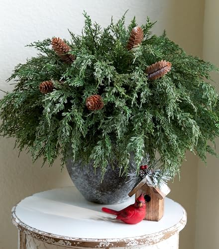 Cedar Stems Artificial Norfolk Pine Branches for Christmas Decor, 12 PCS Fake Pine Stems with 5 PCS Big Pine Cones Branches Realistic Fake Plants Faux Greenery for Vases DIY Garland Xmas Table Indoor by Ivydale