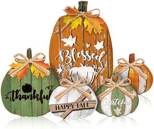 5 Pcs Fall Pumpkin Decor for Home Green Pumpkin Wooden Table Centerpiece by GlikCeil