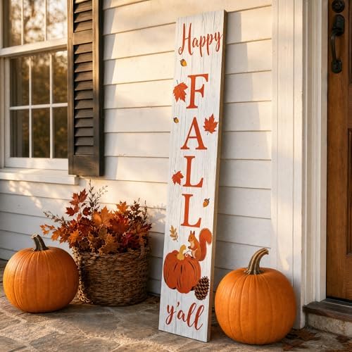 Happy Fall Y'all Vertical Standing Porch Sign - Farmhouse Fall Welcome Decor, Autumn Thanksgiving Decorative Wooden Sign with Pumpkin, Squirrel & Maple Leaves, Rustic Fall Home Decor for Front Porch - Image 7