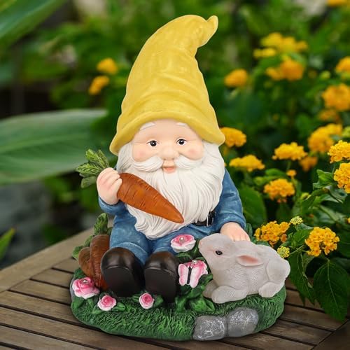 Solar Garden Outdoor Statues Gnome Feeding Rabbit with 6 LED Lawn Decor Outside Decorations for Patio, Balcony, Yard Ornament Unique Garden Gift - Image 2