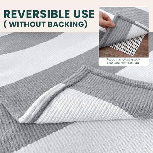 KOZYFLY Striped Rug 2.3x3.6 ft Cotton Woven Front Door Rugs, Gray and White - Image 5