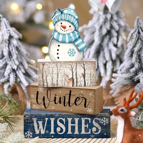 Lineshading 4 Pcs Christmas Table Decor Snowman Wooden Block Signs - Image 2