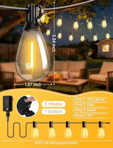 Likesky 50FT LED Outdoor String Lighats with Remote Waterproof Patio Lights with Shatterproof S11 Bulbs, Dimmable Outside Hanging Light Connectable for Porch Backyard Yard Garden Decor 2700K - Image 6