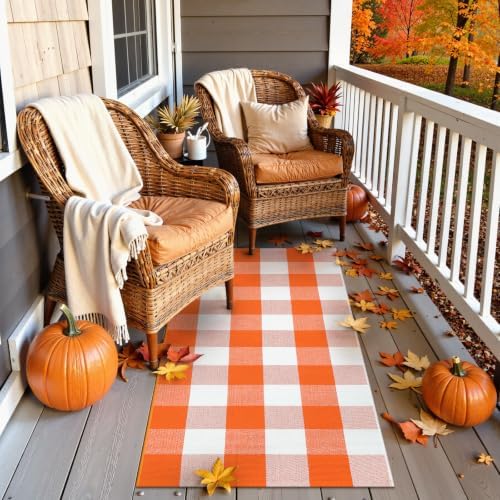 Uphome Bufflo Plaid Outdoor Rug 2'x4.3', Fall Decor Checkered Front Door Mat, Indoor Outdoor Farmhouse Porch Rug for Layered Door Mats, Washable Halloween White/Orange Runner for Patio Entryway - Image 7