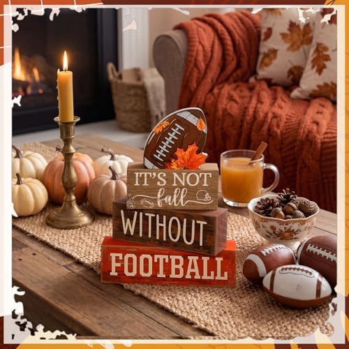 Yuntau 4 Pcs Fall Football Decor Rustic Wooden Blocks Tiered Tray Sign - Image 3