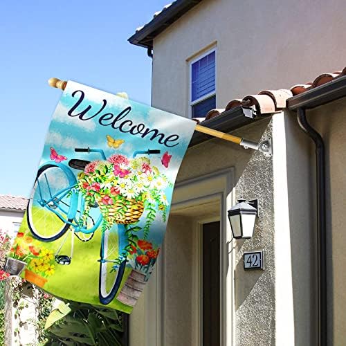 Texupday Welcome Blue Bicycle Flower Blooms Butterfly Decoration Spring House Flag Outdoor Yard Flag 28" x 40" - Image 7