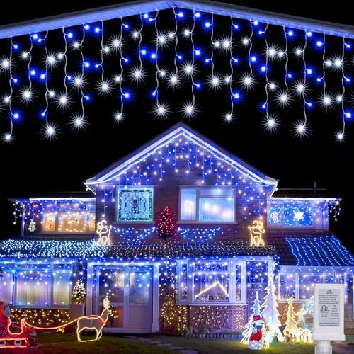 Joomer 33FT Christmas Icicle Lights Outdoor Connectable White & Blue by Joomer